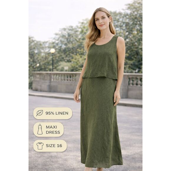 Lafayette 148 New York Linen Maxi Dress Size 16 Olive Green Sleeveless  Layered